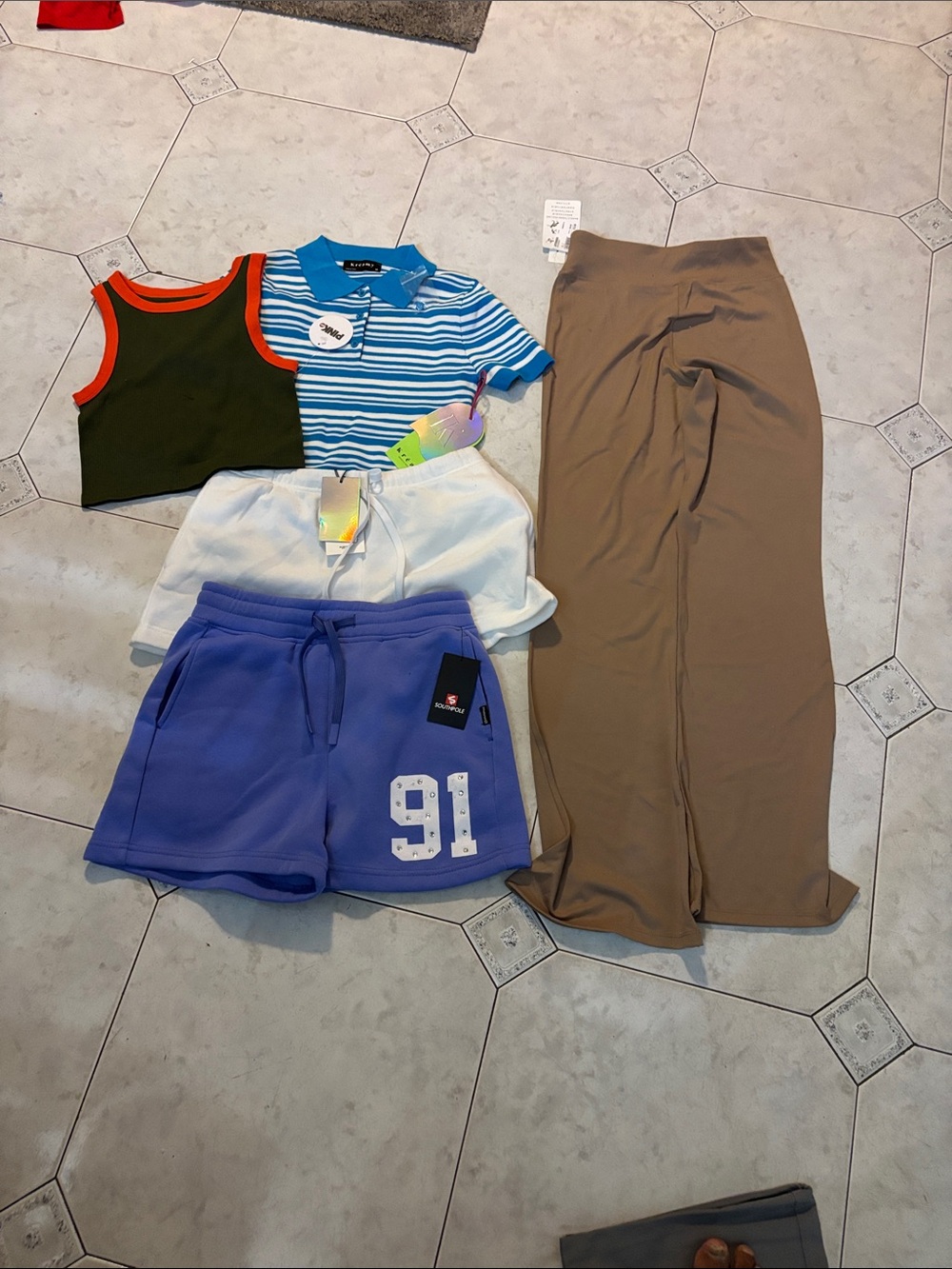 Women's Tan Wide-Leg Pants - Shorts and two Tops Bundle deal